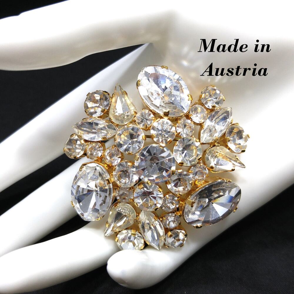 Vintage Austria Clear Crystal Rhinestone Brooch Foil Back Gold Plate 1950s